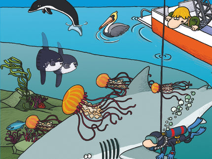 Libro Busca Y Encuentra En El Océano: Un libro con 12 páginas desplegables que muestran divertidas escenas de la vida en los mares y océanos;una de ellas corresponde a animales marinos en peligro de extinción o ya desaparecidos, y las otras 5 a diversos hábitats marinos: los polos, el bosque de kelp, los fondos abisales, alta mar y los arrecifes de coral. Las solapas que cubren estas escenas contienen imágenes aisladas que el niño debe encontrar en cada hábitat.