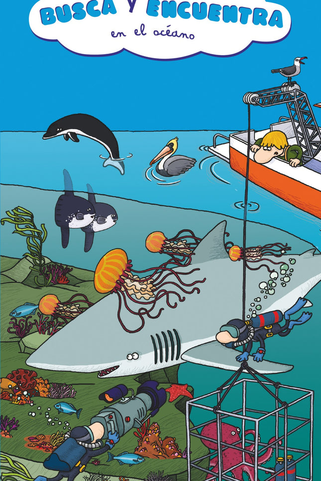 Libro Busca Y Encuentra En El Océano: Un libro con 12 páginas desplegables que muestran divertidas escenas de la vida en los mares y océanos;una de ellas corresponde a animales marinos en peligro de extinción o ya desaparecidos, y las otras 5 a diversos hábitats marinos: los polos, el bosque de kelp, los fondos abisales, alta mar y los arrecifes de coral. Las solapas que cubren estas escenas contienen imágenes aisladas que el niño debe encontrar en cada hábitat.
