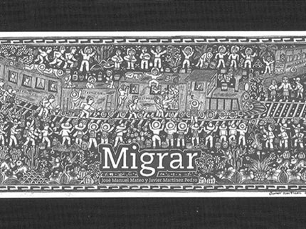 Libro Migrar: Este álbum, ilustrado en blanco y negro con una técnica tradicional de los indígenas de Xalitla, papel ama
