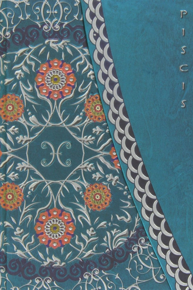 Libro Piscis: Um caderno para anotaçäes importantes com capas em relevo e o signo de Peixes inscrito. No interior as pgi