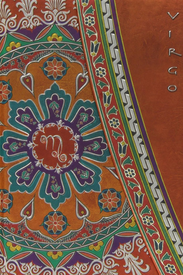 Libro Virgo: Um caderno para anotaçäes importantes com capas em relevo e o signo de Virgem inscrito. No interior as pgin