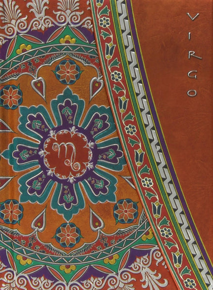 Libro Virgo: Um caderno para anotaçäes importantes com capas em relevo e o signo de Virgem inscrito. No interior as pgin