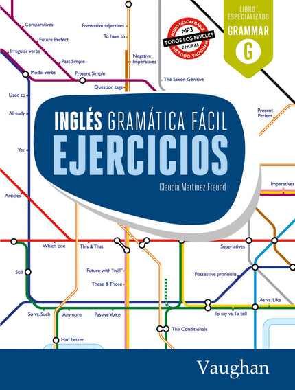 Libro Inglés: INGLÉS GRAMÁTICA FÁCIL EJERCICIOS es un libro de autoestudio que está pensado para acompañar a nuestro bestseller INGLÉS GRAMÁTICA FÁCIL. El libro trabaja desde las estructuras más básicas hasta las más complejas a través de ejercicios clásicos de Vaughan, como es la traducción inversa, la formación de preguntas y respuestas o la práctica de oraciones afirmativas, negativas e interrogativas.