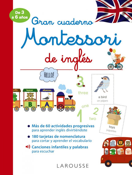 Libro Gran Cuaderno Montessori De Inglés: Este cuaderno, basado en la pedagogía Montessori, propone más de 60 actividades variadas y progresivas para que los niños de 3 a 6 años descubran el vocabulario fundamental de la lengua inglesa. Para ayudar a los niños a familiarizarse con el inglés, nuestro recorrido se basa en la utilización de las tarjetas de nomenclatura.