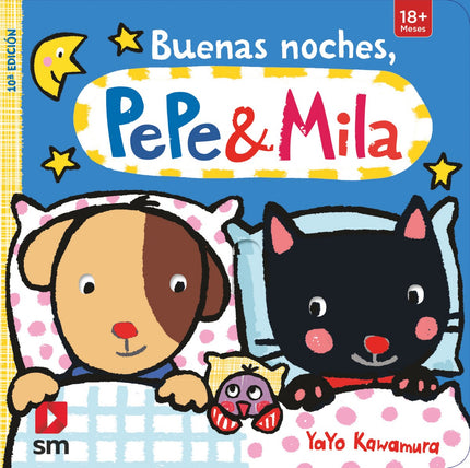 Libro Buenas Noches: Ya es de noche y Pepe y Mila están cansados. Unlibro de cartón con solapas y lengüetas para que al 