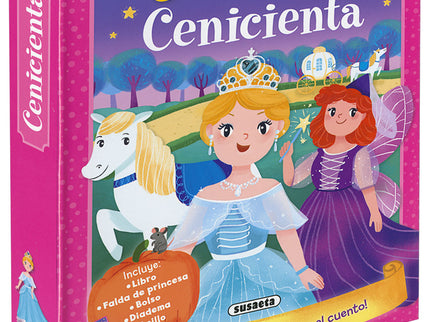 Libro Cenicienta: íVive el clásico cuento de hadas! Esta caja contiene un bonito libro de cartón con la romántica historia de Cenicienta, más una falda de princesa, un bolso, una diadema y un anillo para que vivas el cuento como si fueras la protagonista.
