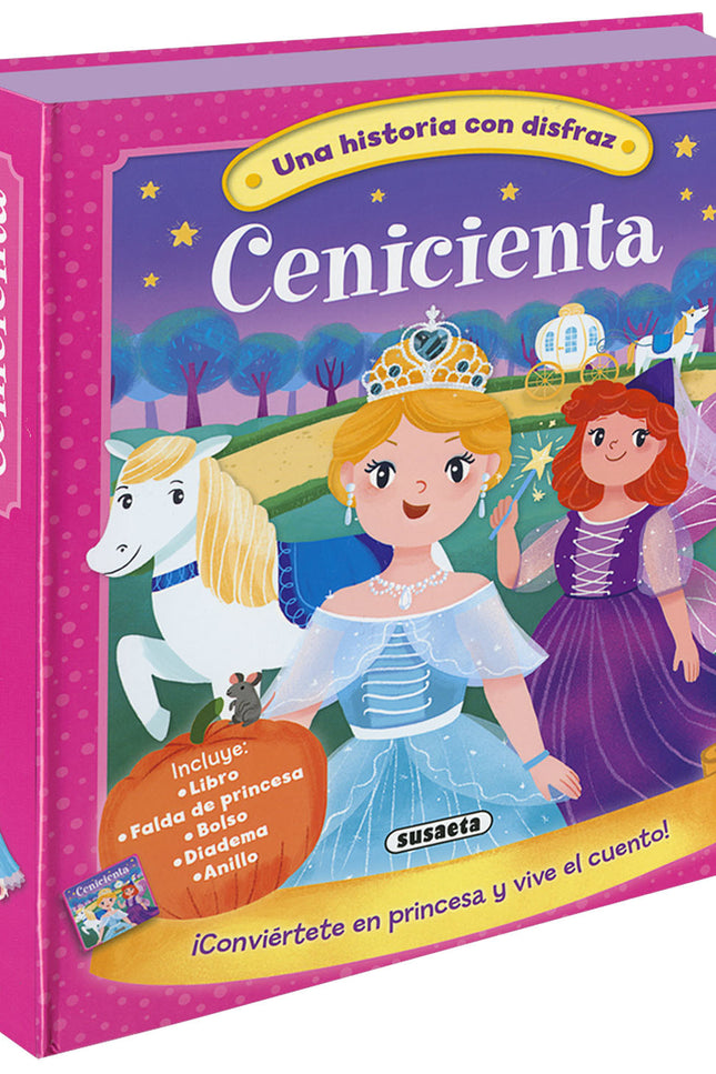 Libro Cenicienta: íVive el clásico cuento de hadas! Esta caja contiene un bonito libro de cartón con la romántica historia de Cenicienta, más una falda de princesa, un bolso, una diadema y un anillo para que vivas el cuento como si fueras la protagonista.