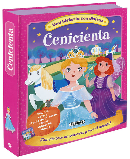Libro Cenicienta: íVive el clásico cuento de hadas! Esta caja contiene un bonito libro de cartón con la romántica historia de Cenicienta, más una falda de princesa, un bolso, una diadema y un anillo para que vivas el cuento como si fueras la protagonista.