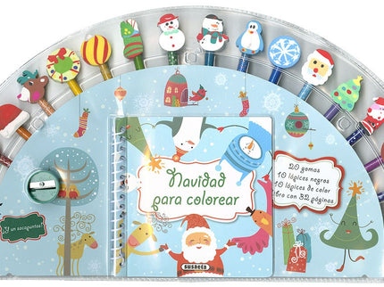 Libro Navidad Para Colorear: Dale vida a la Navidad coloreando estas escenas. Con la ayuda de los fantásticos lápices con goma puedes decorar el árbol de Navidad perfecto, ayudar a Papá Noel y sus duendes en el taller, conocer a Mamá Noel o volar por el aire con el trineo tirado por renos, mientras viajas alrededor del mundo entregando regalos.
