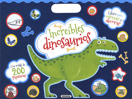 Libro Increíbles Dinosaurios: Abre las páginas de este gran libro de dinosaurios y completa las escenas a tu gusto. Colorea los dibujos y decóralos con las pegatinas que encontrarás en el interior.