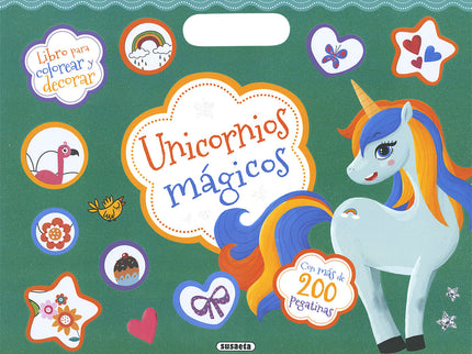Libro Unicornios Mágicos: Abre las páginas de este gran libro de unicornios y completa las escenas a tu gusto. Colorea los dibujos y decóralos con las pegatinas que encontrarás en el interior.
