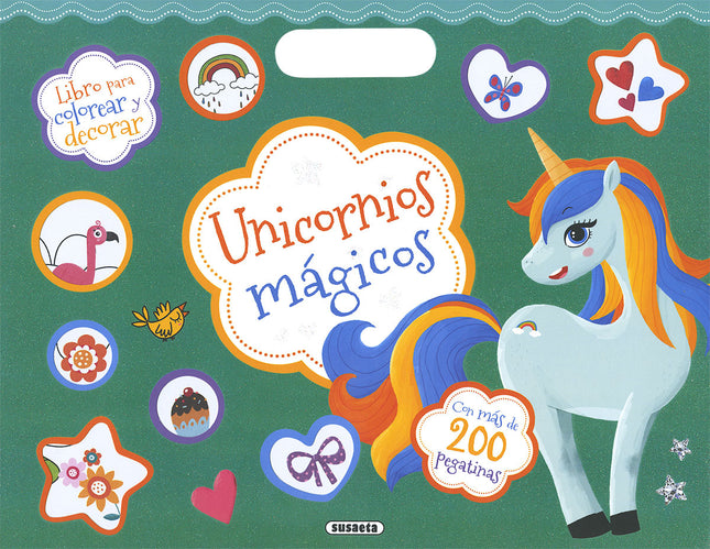 Libro Unicornios Mágicos: Abre las páginas de este gran libro de unicornios y completa las escenas a tu gusto. Colorea los dibujos y decóralos con las pegatinas que encontrarás en el interior.