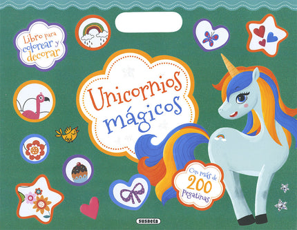 Libro Unicornios Mágicos: Abre las páginas de este gran libro de unicornios y completa las escenas a tu gusto. Colorea los dibujos y decóralos con las pegatinas que encontrarás en el interior.