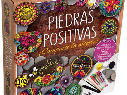 Libro Piedras Positivas: Únete a la extraordinaria artista de los dibujos en piedra Katie Cameron, y ella te mostrará el proceso creativo, además de consejos y trucos, para decorar piedras con mensajes inspiradores. La caja contiene todo lo que necesitas para llevar a cabo tus diseños.