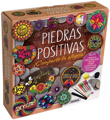 Libro Piedras Positivas: Únete a la extraordinaria artista de los dibujos en piedra Katie Cameron, y ella te mostrará el proceso creativo, además de consejos y trucos, para decorar piedras con mensajes inspiradores. La caja contiene todo lo que necesitas para llevar a cabo tus diseños.