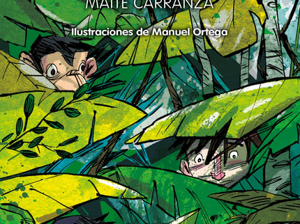 Libro Safari: Dani despierta aterrorizado en los brazos de un enorme chimpancé en medio de la selva. Intenta gritar, pero no puede emitir ningún sonido.