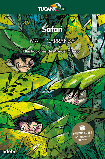 Libro Safari: Dani despierta aterrorizado en los brazos de un enorme chimpancé en medio de la selva. Intenta gritar, pero no puede emitir ningún sonido.