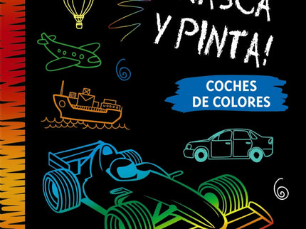 Libro Coches De Colores: íUn libro de dibujo con páginas mágicas! Si pintas en ellas rascándolas con el lápiz de madera, descubrirás los increíbles y brillantes colores que se esconden bajo la superficie de color negro.
