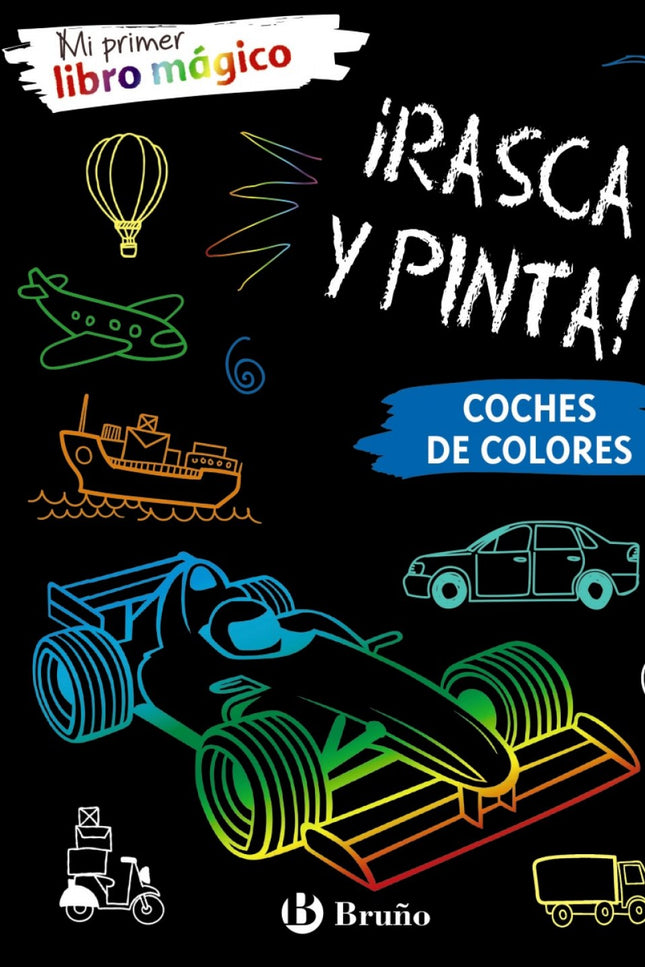 Libro Coches De Colores: íUn libro de dibujo con páginas mágicas! Si pintas en ellas rascándolas con el lápiz de madera, descubrirás los increíbles y brillantes colores que se esconden bajo la superficie de color negro.