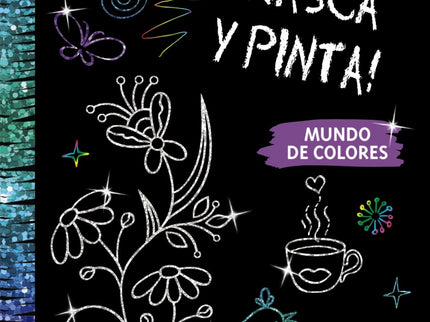 Libro Mundo De Colores: íUn libro de dibujo con páginas mágicas! Si pintas en ellas rascándolas con el lápiz de madera, descubrirás los increíbles y brillantes colores que se esconden bajo la superficie de color negro.