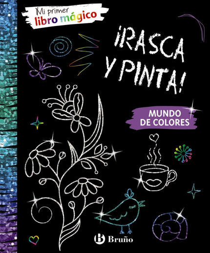 Libro Mundo De Colores: íUn libro de dibujo con páginas mágicas! Si pintas en ellas rascándolas con el lápiz de madera, descubrirás los increíbles y brillantes colores que se esconden bajo la superficie de color negro.