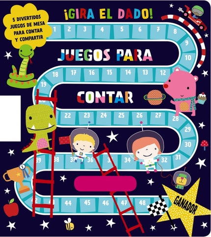 Libro ¡gira El Dado!: Un divertido libro que incluye cinco emocionantes juegos de mesa. Cada doble página es un tablero y lleva 2 dados que se pueden girar y van sujetos al libro, de manera que no pueden perderse.