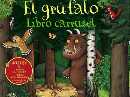 Libro El Grúfalo. Libro Carrusel: Con este increíble libro carrusel podrás acompañar al ratón del cuento en su paseo por el bosque y encontrarte con el zorro, el búho, la serpiente y, ¡OH, NO!, ¡el grúfalo! Incluye: el cuento, 3 escenarios en 3D que reproducen escenas del cuento, 9 figuras de los personajes troquelados para jugar.