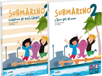 Libro Submarino 2. Pack Libro Del Alumno + Cuaderno De Ejercicios: Nivel 2 de SUBMARINO, nuevo método para la enseñanza del español en Primaria. Los protagonistas de Submarino 2 se llaman Valentina y Mateo y viajan en submarino junto con su mascota Tinta, un pulpo simpático y travieso que acompañará a los niños y a las niñas en su primer viaje al español.