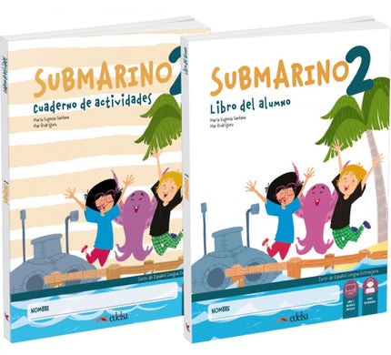 Libro Submarino 2. Pack Libro Del Alumno + Cuaderno De Ejercicios: Nivel 2 de SUBMARINO, nuevo método para la enseñanza del español en Primaria. Los protagonistas de Submarino 2 se llaman Valentina y Mateo y viajan en submarino junto con su mascota Tinta, un pulpo simpático y travieso que acompañará a los niños y a las niñas en su primer viaje al español.