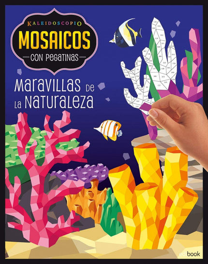 Libro Maravillas De La Naturaleza: Sumérgete en el complicado mundo del arte kaleidoscópico. Estos exquisitos libros presentan diseños geométricos de espectaculares monumentos, maravillas y ejemplos de la flora y la fauna que puedes completar con cientos de pegatinas de diferentes formas.