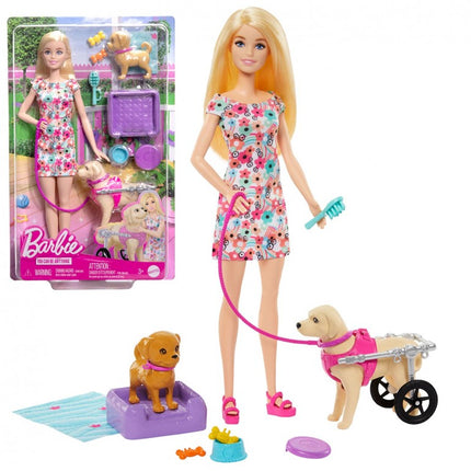 MUÑECA BARBIE PASEADORA PERRO SILLA DE RUEDAS HTK37 MATTEL
