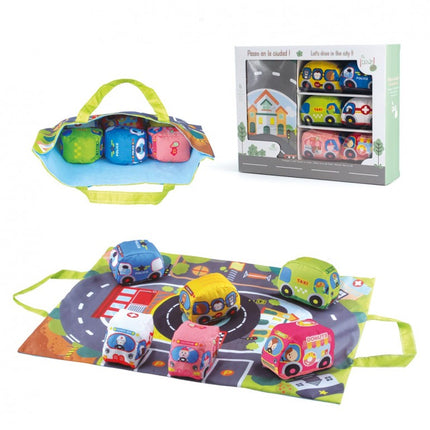 TAPETE DE CARRETERAS CON 6 COCHES DE TELA TACHAN